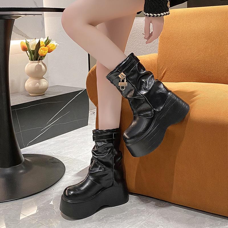 Fashion 2025 New 9CM Soft Leather Ankle Mid Calf Boots Winter Autumn High Platform Wedge British Booties Woman Chunky Motorcycle Boots