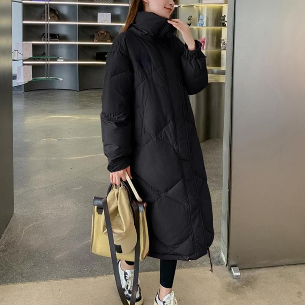 Mode Oversize Gepolsterte Mäntel Frauen 2022 Winter Koreanischen Stil Stehkragen Unten Mäntel Casual Reine Farbe Lange Parkas Weibliche Zipper design Chic