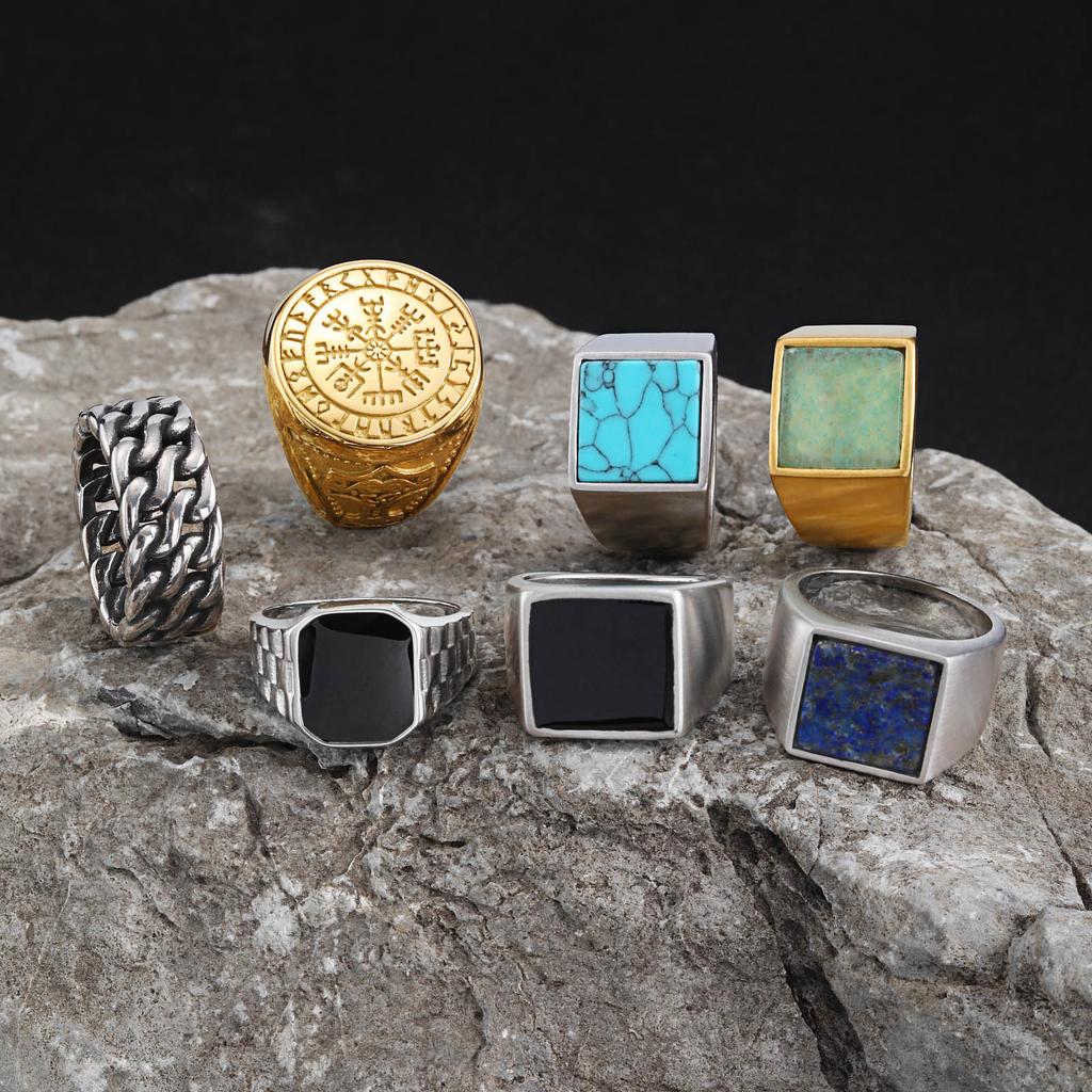 Cool Punk Vintage Natural Stone Rings for Men, Geometric Stainless Steel Signet Rings, Stylish Retro Ethnic Finger Jewelry Gift