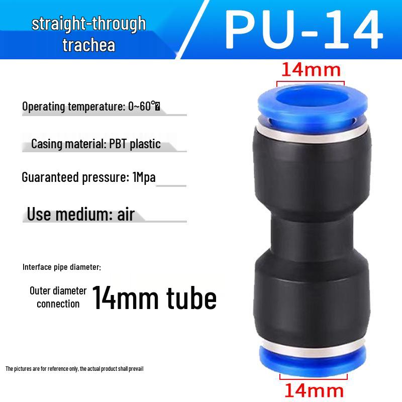Pneumatic Air Tube Connector: PU8 Straight, PV10 Right-Angle Elbow, Quick-Insert, Butt Joint, Blue Plastic, PG6-4 Reducer.
