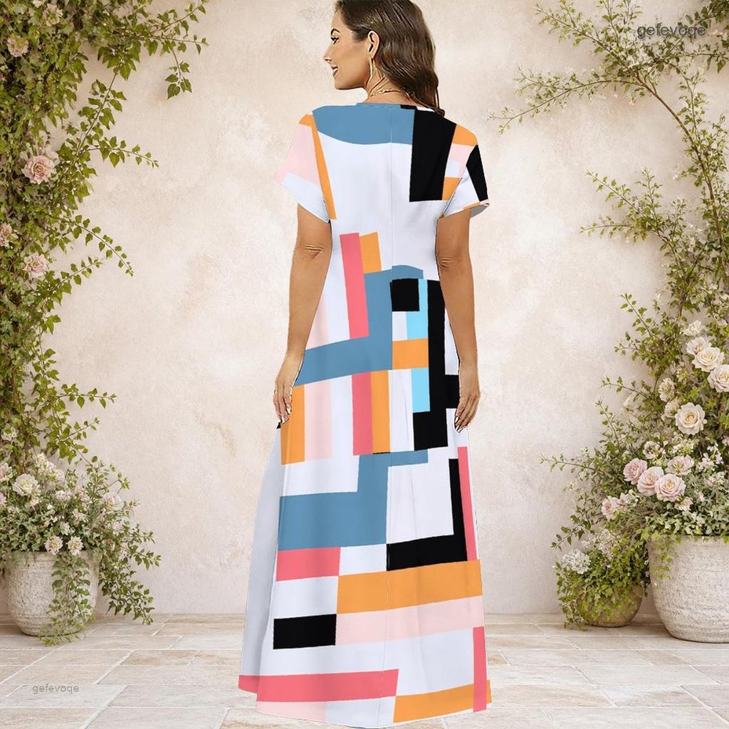 Women Plus Size V Neck Short Sleeve Black Printed Straight Maxi Dress