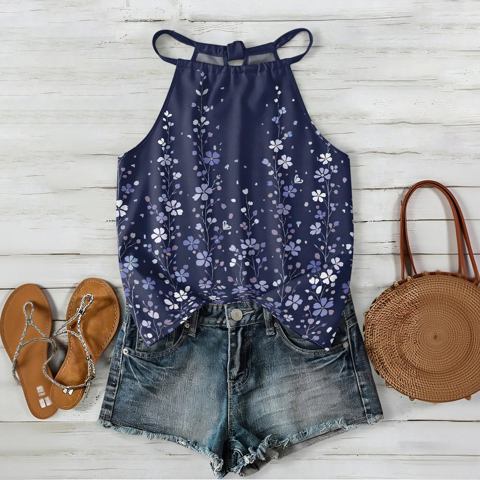 

Bohemian Floral Print Sleeveless Tank Top for Women Lightweight Casual Summer Blouse with Adjustable Straps and Relaxed Fit Suitable for Outdoor Wear XXL тёмно-синий