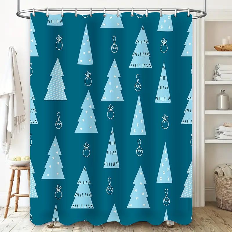 Christmas Tree Shower Curtain Decorative Blue Fabric Waterproof Bathroom Wall Hanging Home Decoration Christmas Trees Pattern