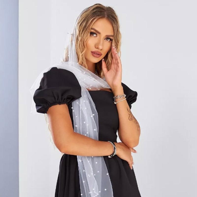Elegant Pearls Embellished Tulle Scarf for Women Weddings Parties Bridal Mesh Veils Evening Dress Shawl Wraps Capes