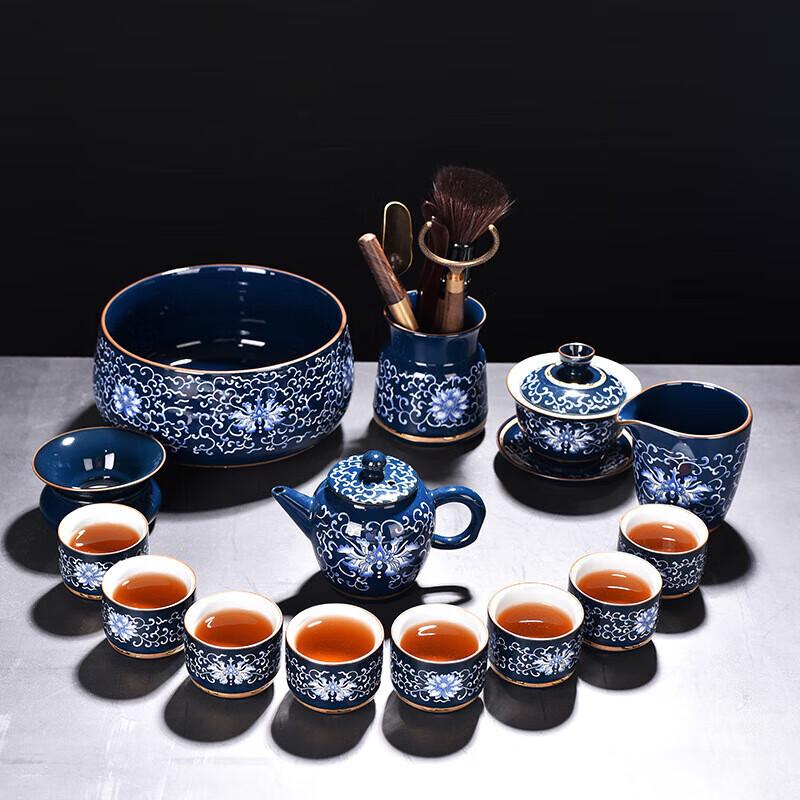 Dehua Enamel Blue and White Porcelain 10-Piece Gaiwan Tea Set
