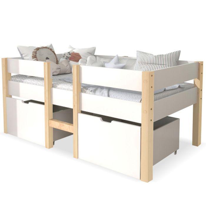 Lit D'enfant - MUVOE - 90x190 Cm - Pin Massif - Blanc & Chêne - Tiroir Inclus