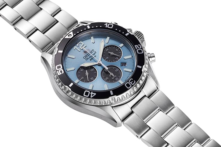 Orient Mako Solar-Powered Chronograph Watch, RN-TX0206L, Men's, Sky Blue, Silver, with Japanese Manufacturer's Warranty