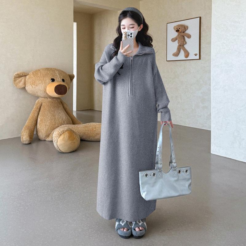 2025 Autumn Korean Style Knitted Maternity Dress - Plus Size, Trendy, Loose Mid-Length Large