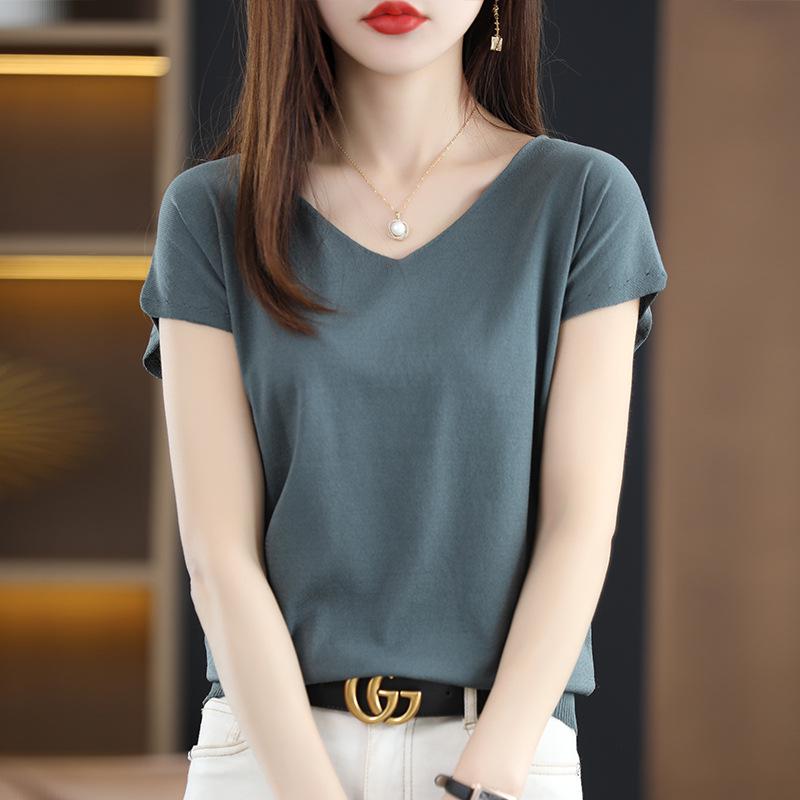 2023 Women's Ice Silk V-neck Summer Top: Short Sleeve T-shirt & Sleeveless Knitted Vest