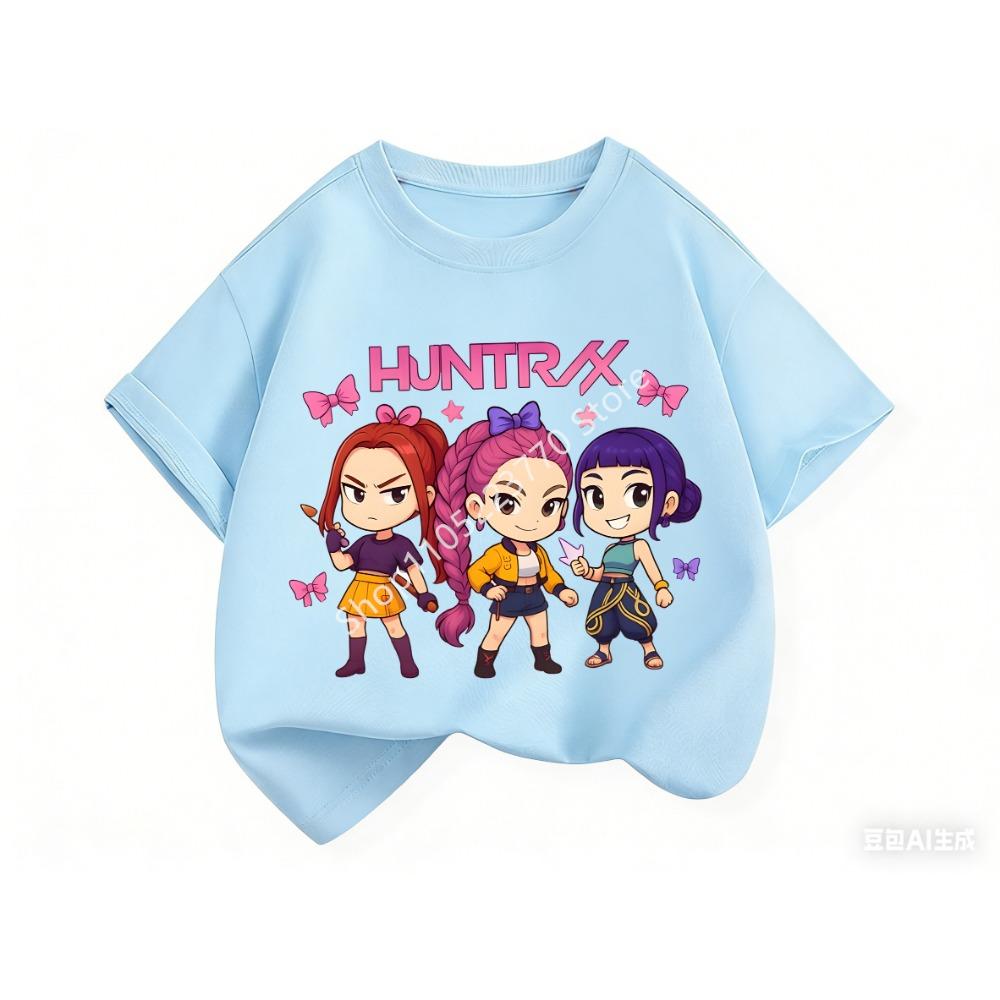 2026 Fun Huntrix Kpop Dämonenjäger T-Shirt für Jungen Mädchen Fans Geschenk Sommer Rundhals Kurzarm T-Shirts Mode Kinder T-Shirt