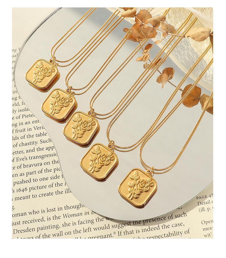 French Retro Rose Pendant Necklace - Gold Plated Stainless Steel Square Design with Clavicle Chain