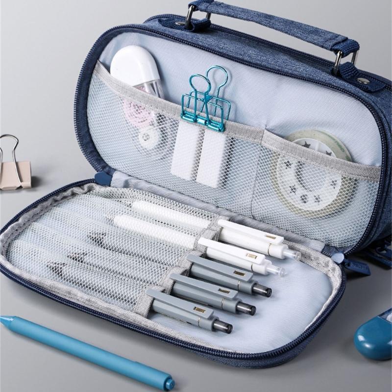 High Capacity Pen Case with Handle 5 Section Canvas Pencil Case Large Pencil Pouches Travel Cosmetic Bag 24x8.5x11cm