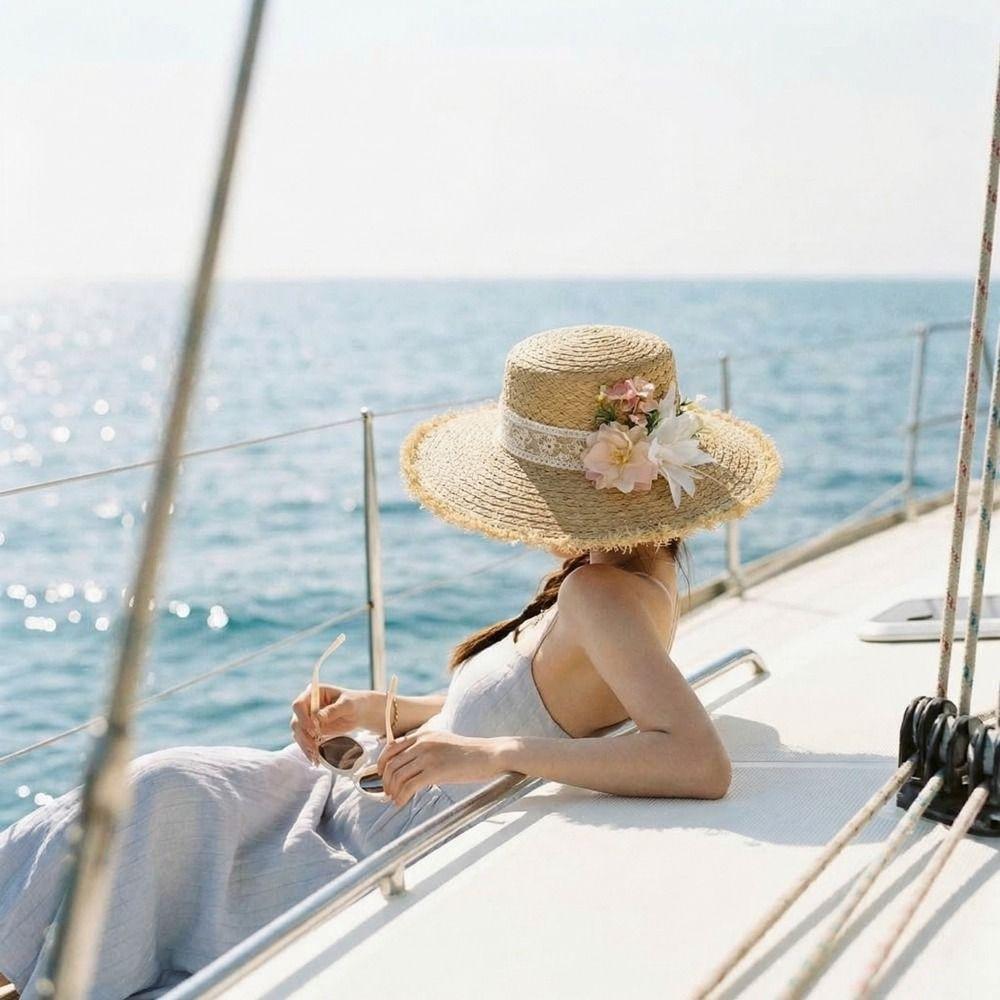 Wide Brim Lace Flower Straw Hat Boho UV Protection Cap Comfortable To Wear Weave Flat Cap  Travel