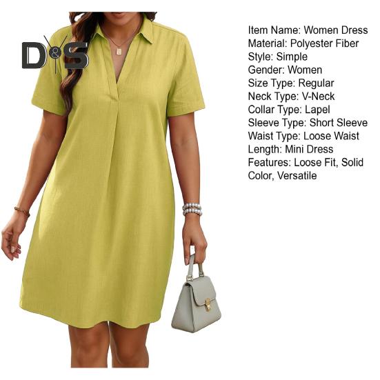 Rochie A-Line pentru Femei Decolteu în V Rever Mânecă Scurtă Culoare Solidă Rochie de Vară Croială Largă Ușoară Rochie Casual