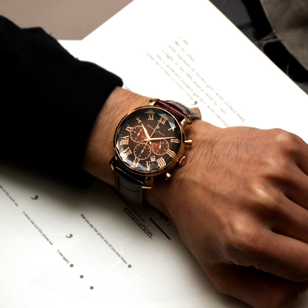 Salvatore Marra Brown Ice Black Collection Watch with Glass and Leather Model Men's Multi-Faceted Strap, SM19104-PGBRBR