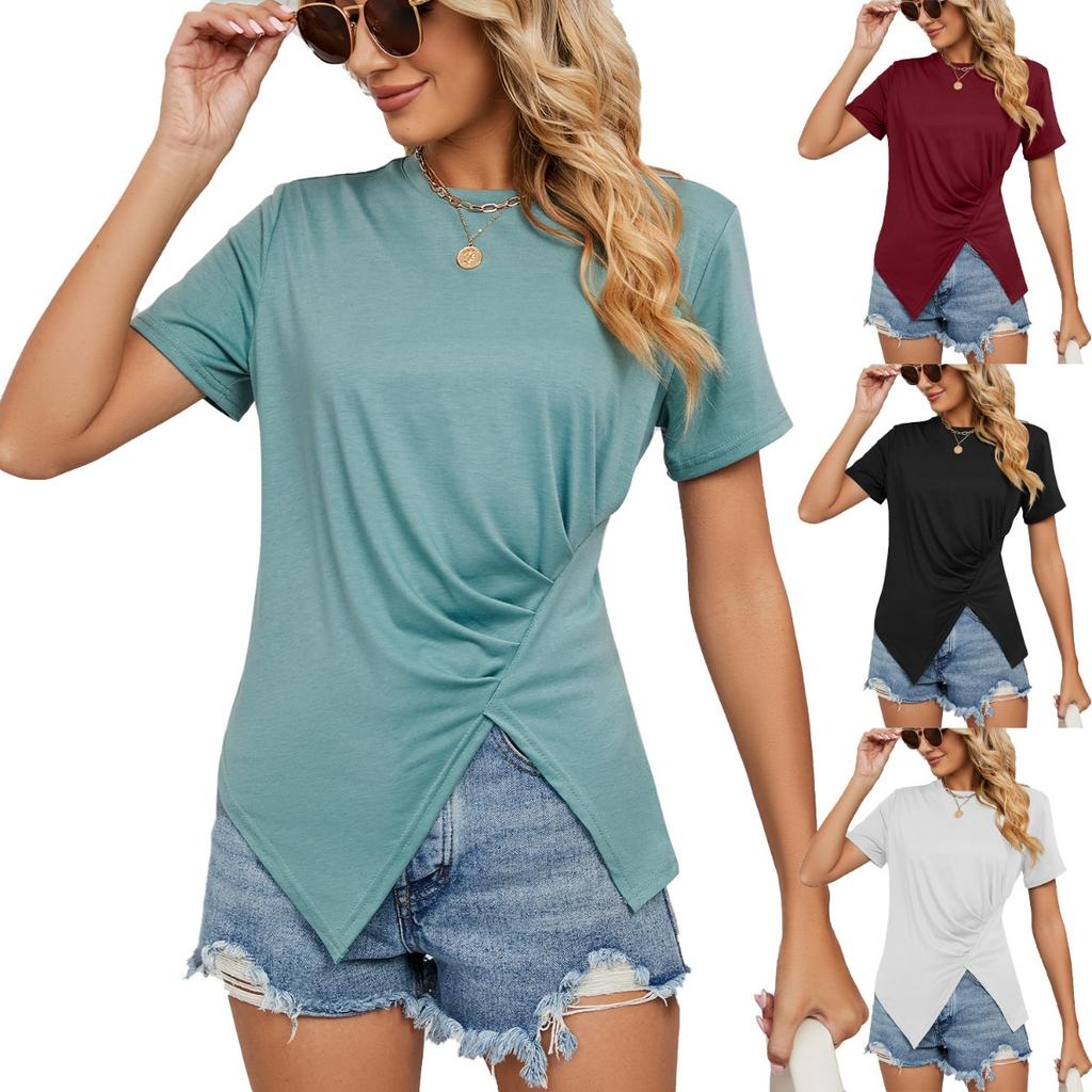 Summer Solid Color Loose Crew Neck Ruched Women's T-shirt Top for Amazon European American Cross-border Foreign Trade