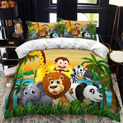 Copripiumino Animali Cartoni Animati King Queen Zoo Tigre Elefante Leone Set Biancheria da Letto Bambini Colorato Fauna Selvatica 2/3 pezzi Copripiumino Poliestere