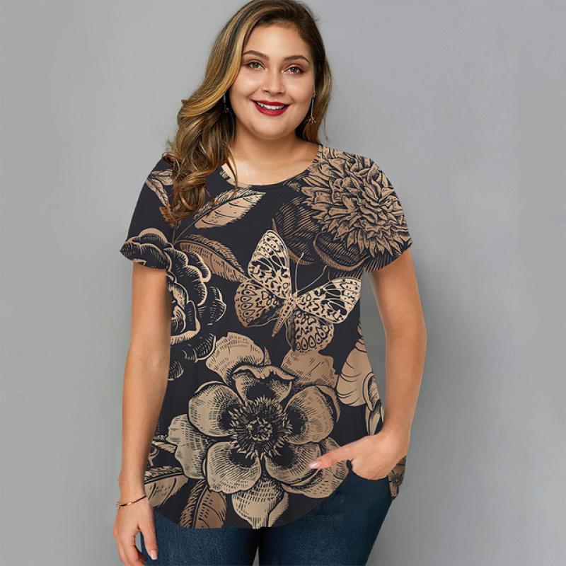 Summer O-Neck Womens T-Shirt Oversized Clothes Harajuku Casual Loose Top Floral Print Funny T-Shirt for Ladies Pullover Street