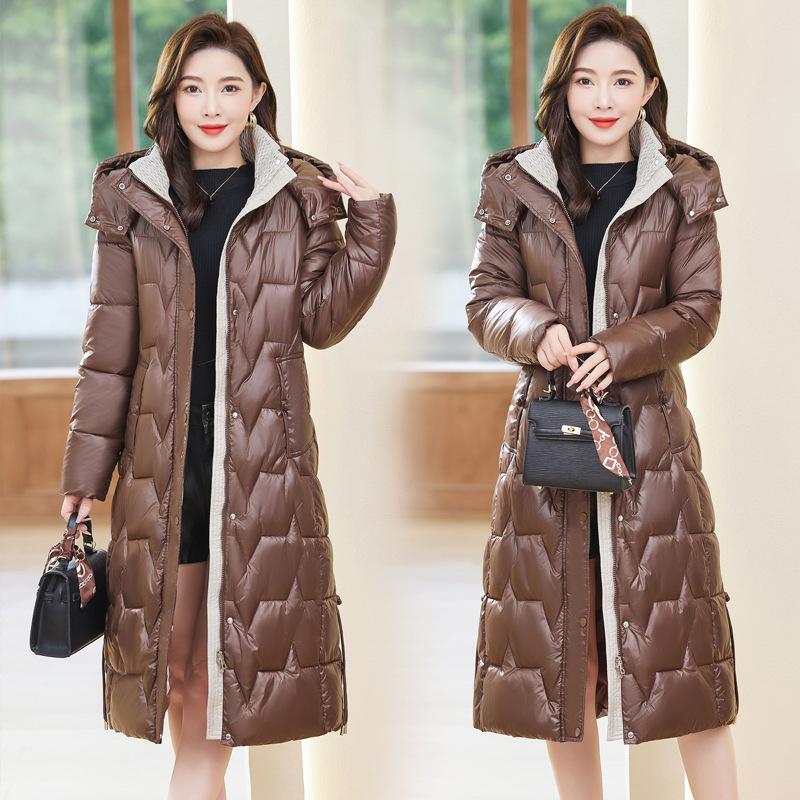 Down cotton jacket women's long over the knee 2025 winter new Korean slim padded jacket plus size thickened cotton coat jacket