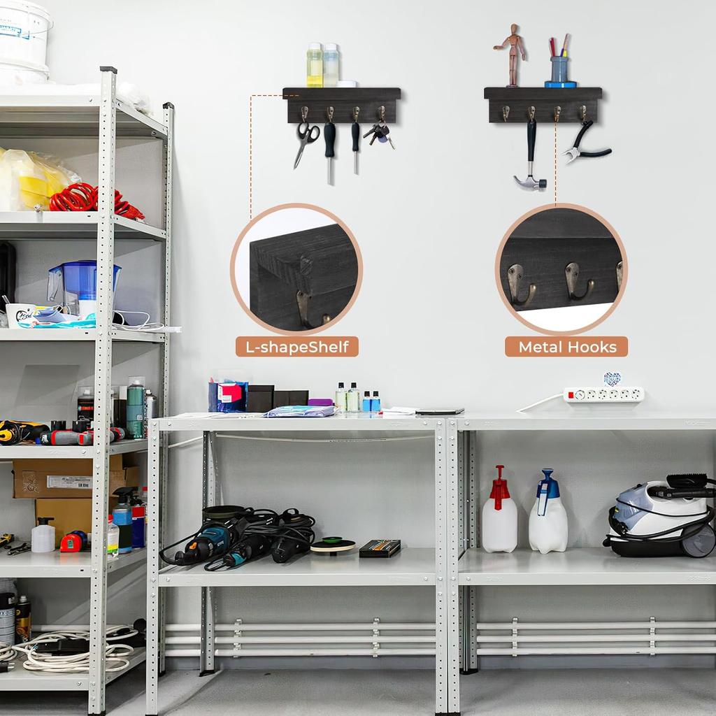 2 Pack Farmhouse Wooden Key Holder, Shelf with Hooks, Coat Rack Wall Mount, for Entryway, Bathroom, Kitchen (Black)