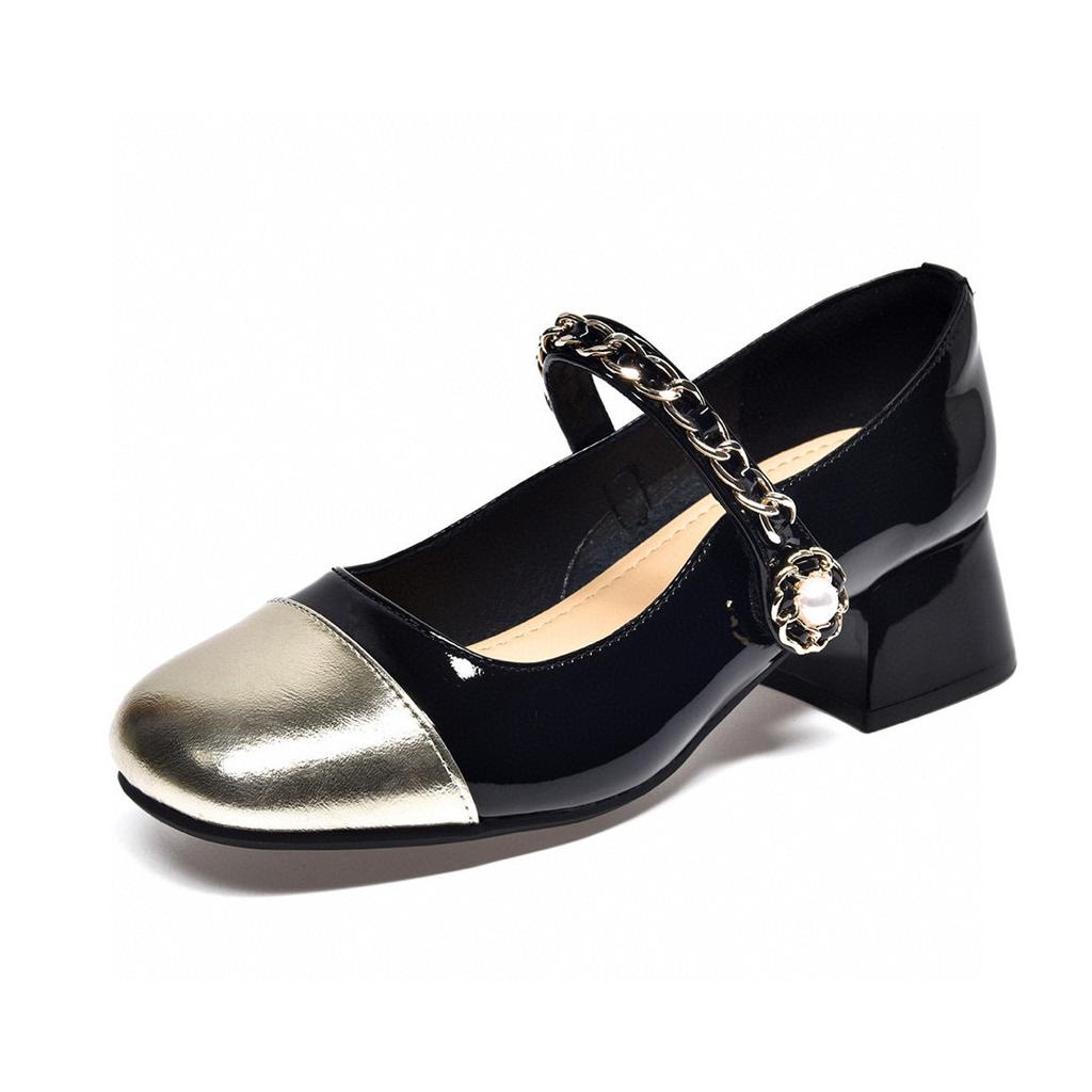 Shallow Single Shoes Women's Spring and Summer Xiaoxiangfeng Elegant Color Matching Mary Jane Shoes One-word Button Square Head High Heels