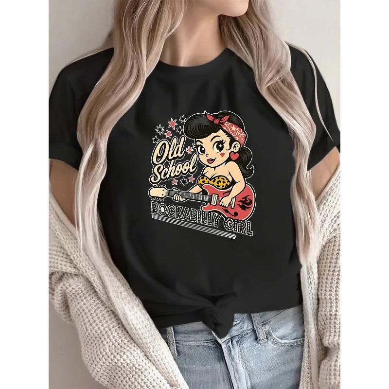 Adorable Rockabilly Style Women'S Round Neck T-Shirt, Lightweight And Comfortable Casual Top, Ideal for Everyday Use And Relaxed Outings, Retro Design