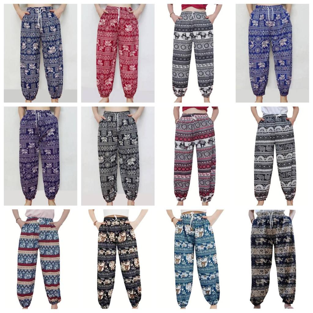Sloní skákací kalhoty dlouhé nohavice nastavitelný elastický pas pásek unisex ženy muži potisk Thajsko ležérní streetové plážové boho bohémské retro vintage
