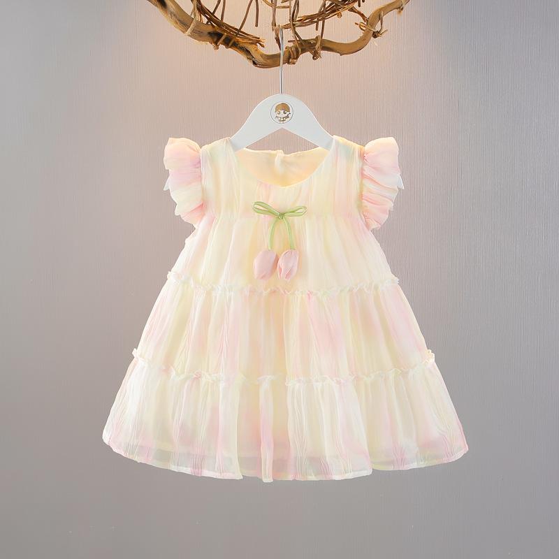 Summer Infant Girls Thin Dress Princess Style Childrens Clothing Baby Girl Flying Sleeve Summer Chiffon Dress 73CM
