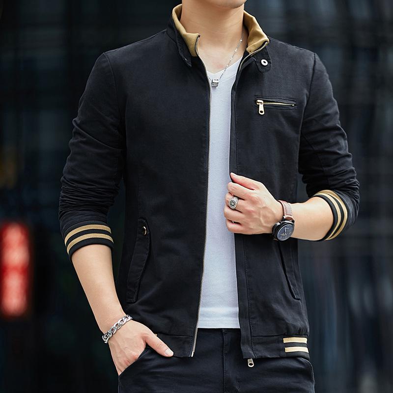 

Spring and Autumn Men s Jacket Korean Version of Youth Stand-up Collar Casual Tooling Pure Cotton Jacket Solid Color Top Thin 4XL чорний