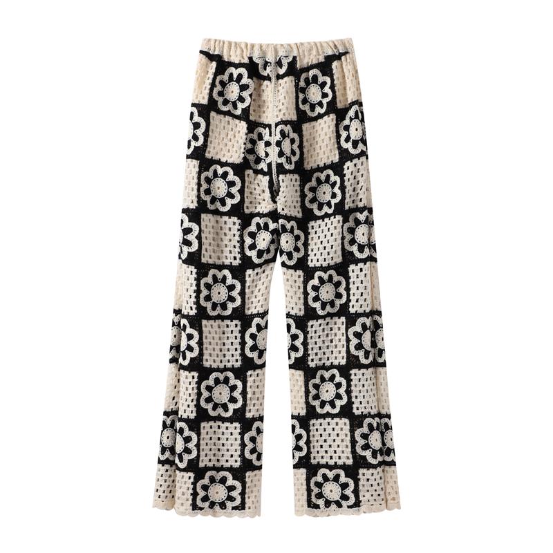 Hollow Out Knitted Sets for Women Sleeveless O-neck Short Vest Crochet Embroidery Flower Knitting Pants Elegant Women's Sets Simple Vintage 2 Piece