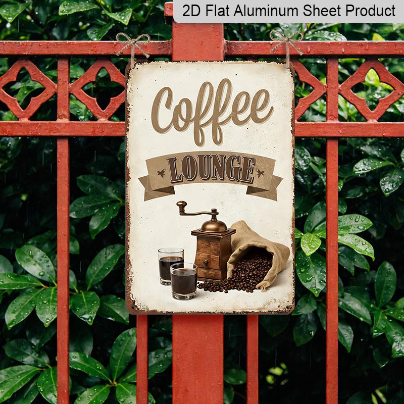 2D Flat 8*12inch Aluminum Sign and Plaque, Retro Coffee Lounge Decorative Aluminum Plate with Coffee Bean Grinder and Cup Design, Suitable for Cafes