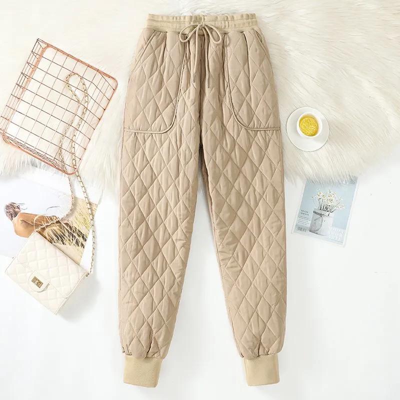 Women's Winter Thermal Overlay Thickened Loose-Fit Warm Pants High-Waisted Solid-Color Casual Long Pants