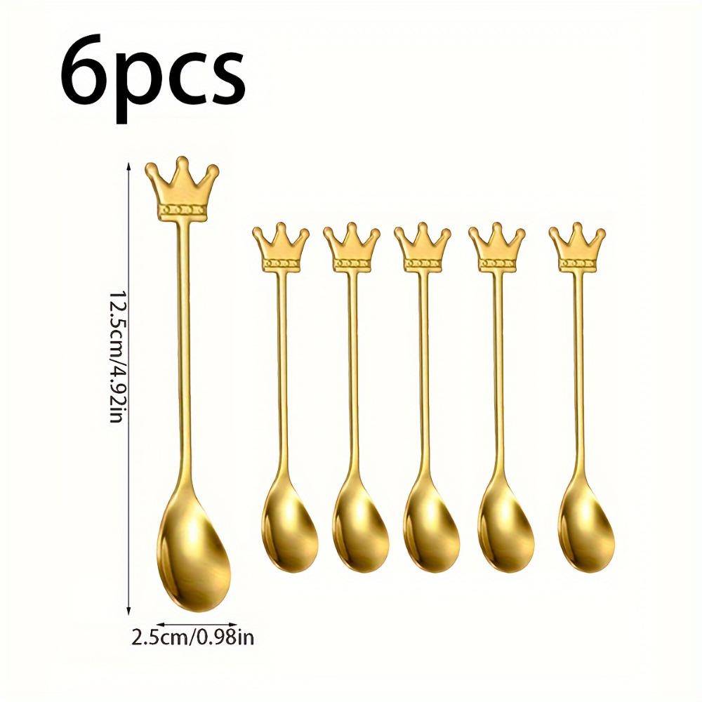 

Набор столовых приборов из нержавеющей стали с корончатой ручкой, 6 предметов - круглая ложка с длинной ручкой, десертная ложка, ложка для помешивания, креативный милый дизайн, кофейная ложка, Golden crown spoon 6pcs