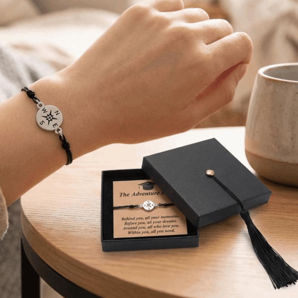 The Adventure Begins Graduation Compass Bracelet Hand Woven Meaningful Keepsake Compass Charm Wristband Adjustable
