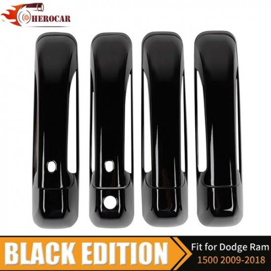 For 2009-17 2018 Dodge Ram 4 Door Handle COVERS GLOSS BLACK W/ KH W/ 2 SMTKH