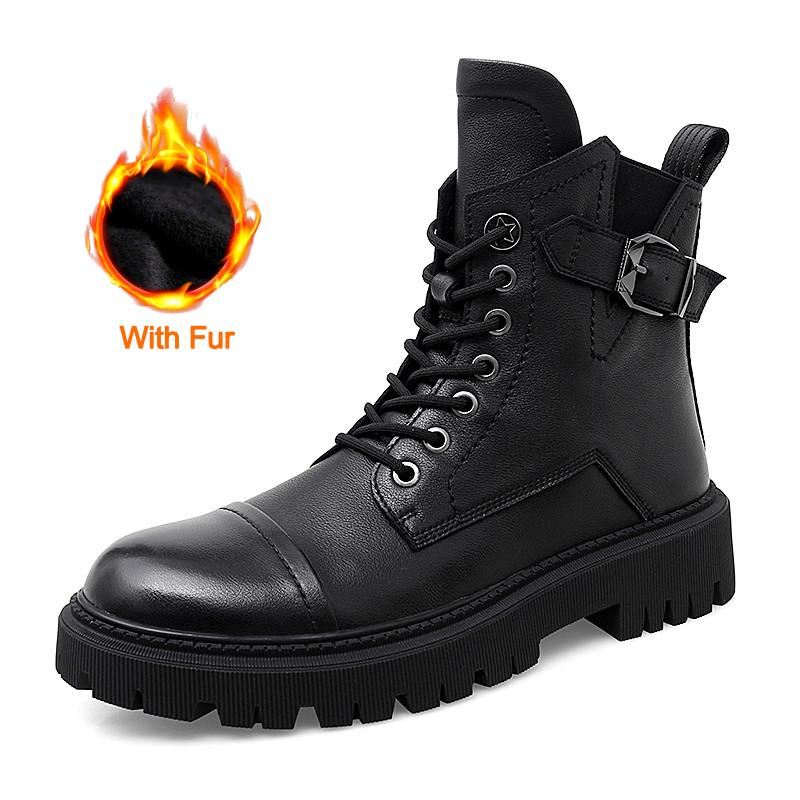 High Top Mens Boots Genuine Leather Work Outdoor Boots Winter Fur Warm Ankle Boot for Men Casual Boots Motorcycle Boots