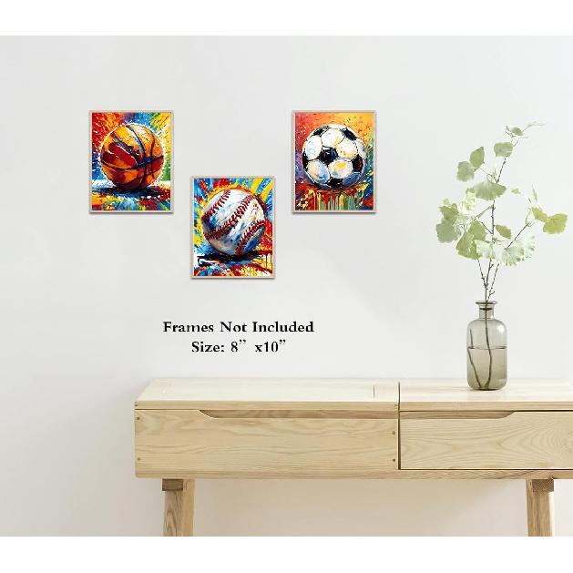 Basketball Graffiti Canvas Wall Art Prints,Graffiti Wall Art Sports Print Wall Decor Set of 3,Retro Colorful Baseball,Soccer,Basketball Print for Boy