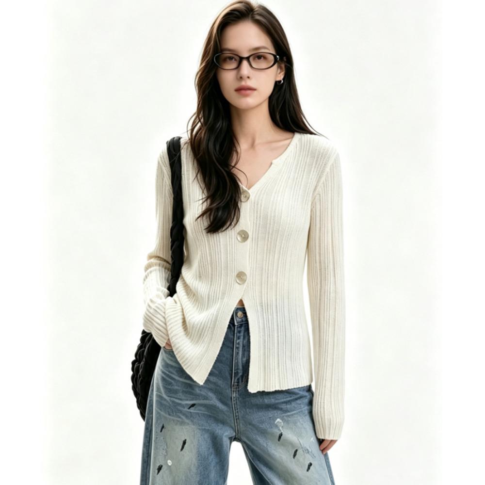 Women French V‑Neck Knit Cardigan Early Autumn Slim Fit Split Hem Long Sleeve Knitwear Fashion Versatile Ladies Casual Tops