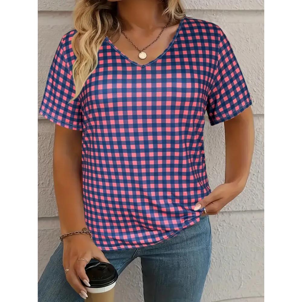 Damen T-Shirt Karomuster Druck Sommer Lässig Kurzarm Oberteil Outdoor Mode