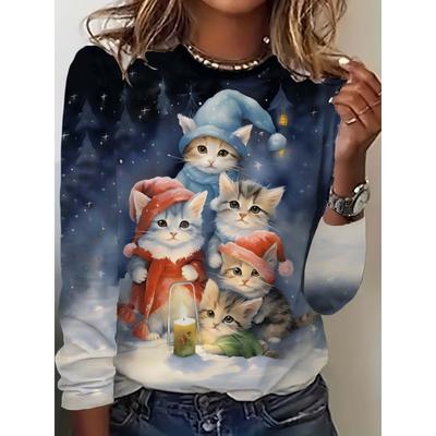 3D-gedruckte Weihnachten Niedliche Katze Rundhals Langarm T-Shirts Mode Damenbekleidung Lässige Y2K Kleidung Harajuku Damenbekleidung