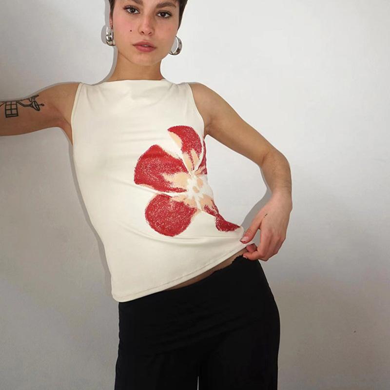 2026 Neue Mode Damen Crop Tanktops Eng Anliegend Blumenprint U-Boot-Ausschnitt Ärmellos Sommeroberteile für Party Club