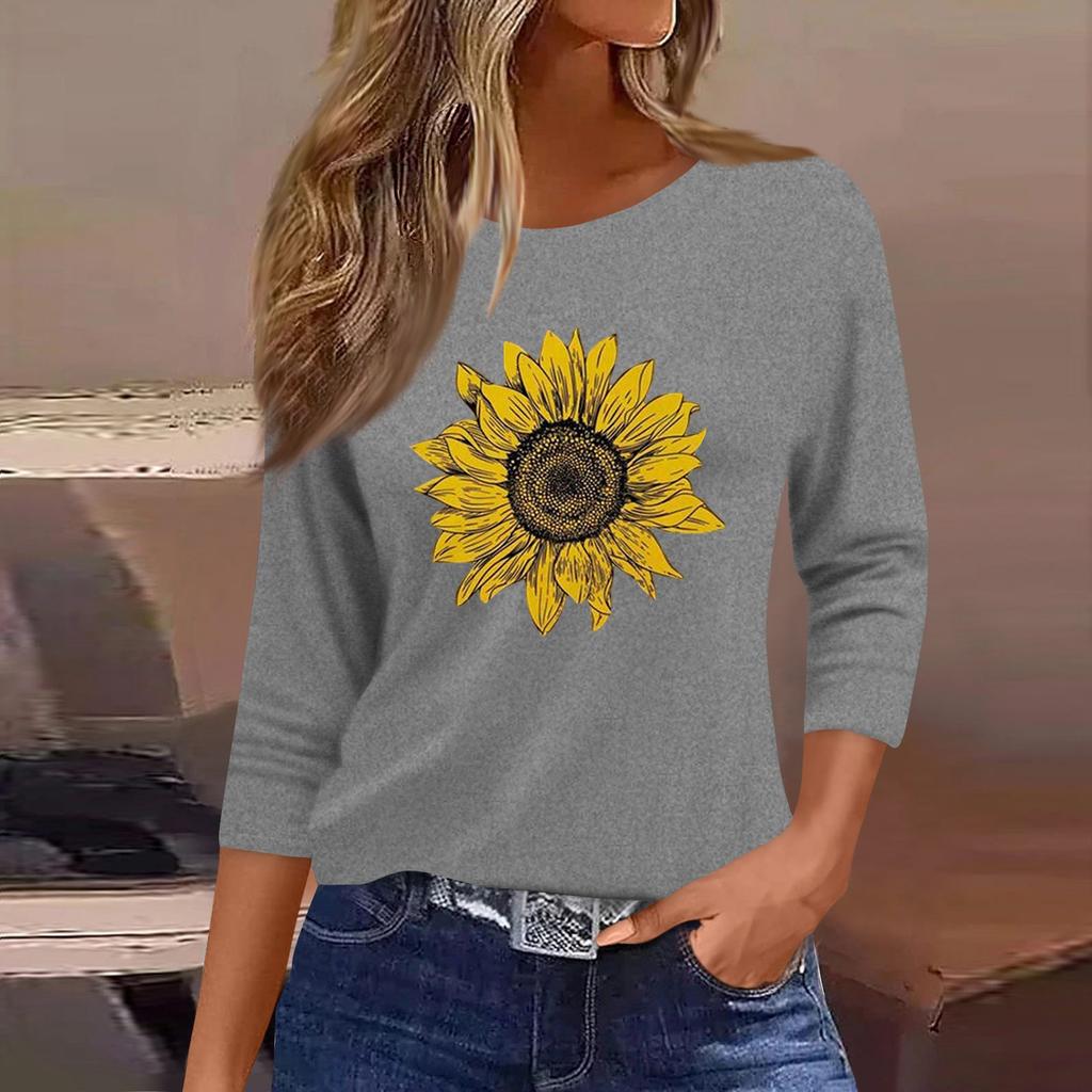 Women's Fashion Casual Round Neck 3/4 Sleeve Loose  Printed T-Shirt Ladies Top