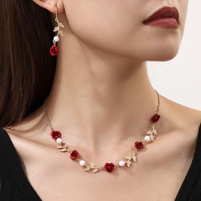 European and American French Rose Flower Earrings Necklace Set Temperament Fashion Ins Personalized Red Rose Item