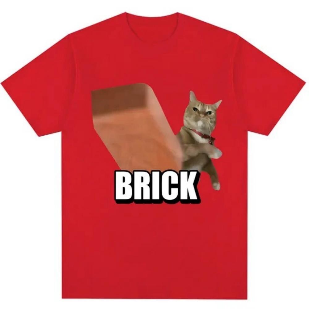 Funny Cat Throwing Brick Mold Pattern Summer Mens Loose Short sleeved Tshirt S