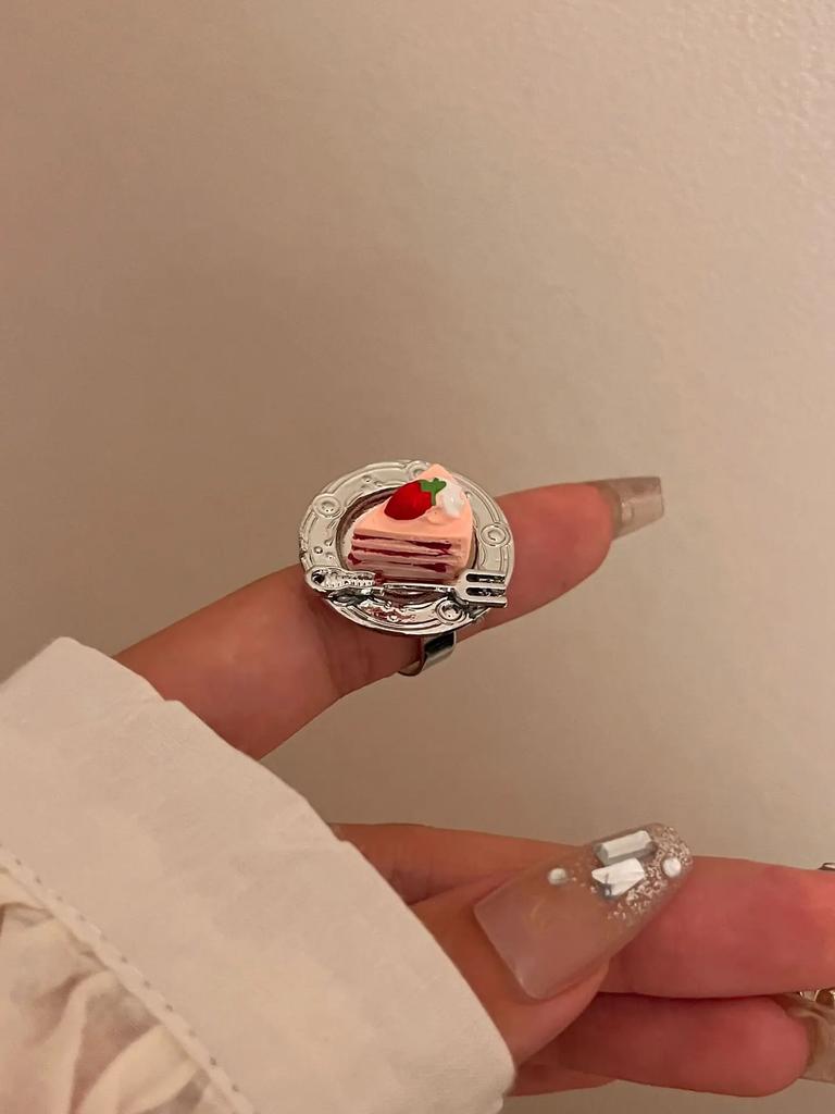 Fashion Hip Hop Design Cake Ring Cherry Chocolate Fruit Cake Afternoon Tea Ring Birthday Gift Accessories Cute Food Rings Girl