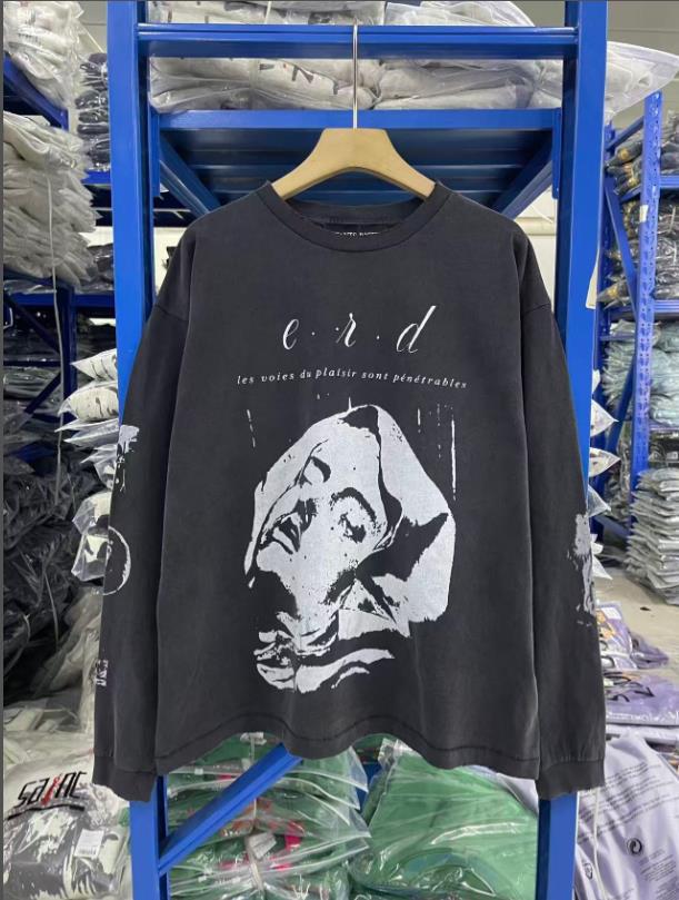 ERD Retro Wash Letter Print Drop Shoulder Long Sleeve T-shirt for Men