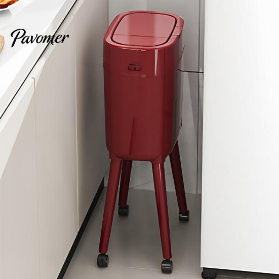 Easy Move Rolling Trash Can with Heightened Legs And Wheels, 16L Capacity Press On Lid Living Room Container Garbage Bin, Retro Style Waste