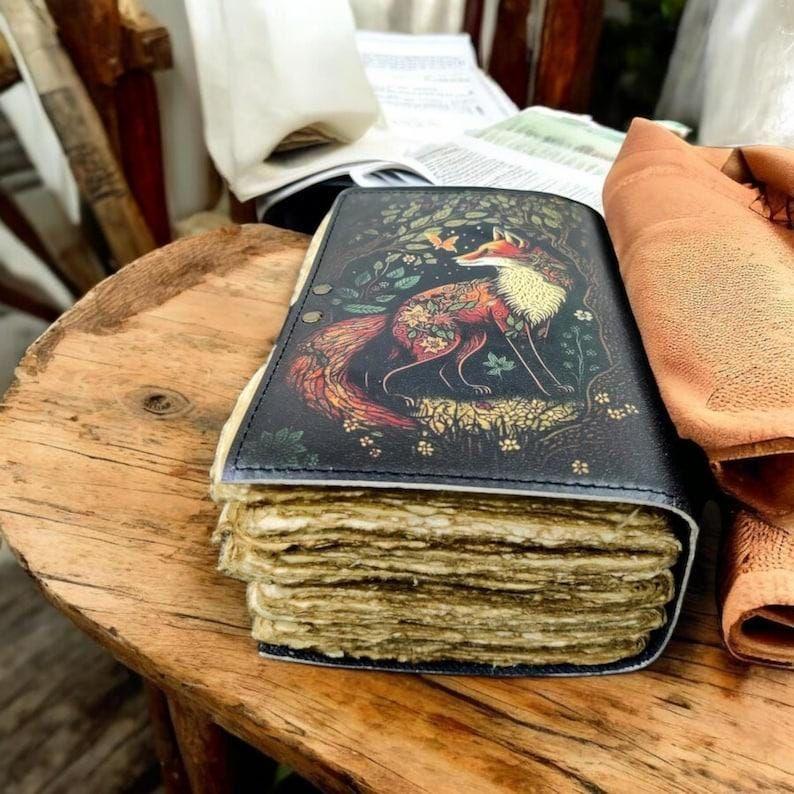 400 Page Large Fox Journal Vintage Handmade Leather Journal, Grimoire Fat Journal Blank Spell Book of Shadows Celestial Gifts For Him Her