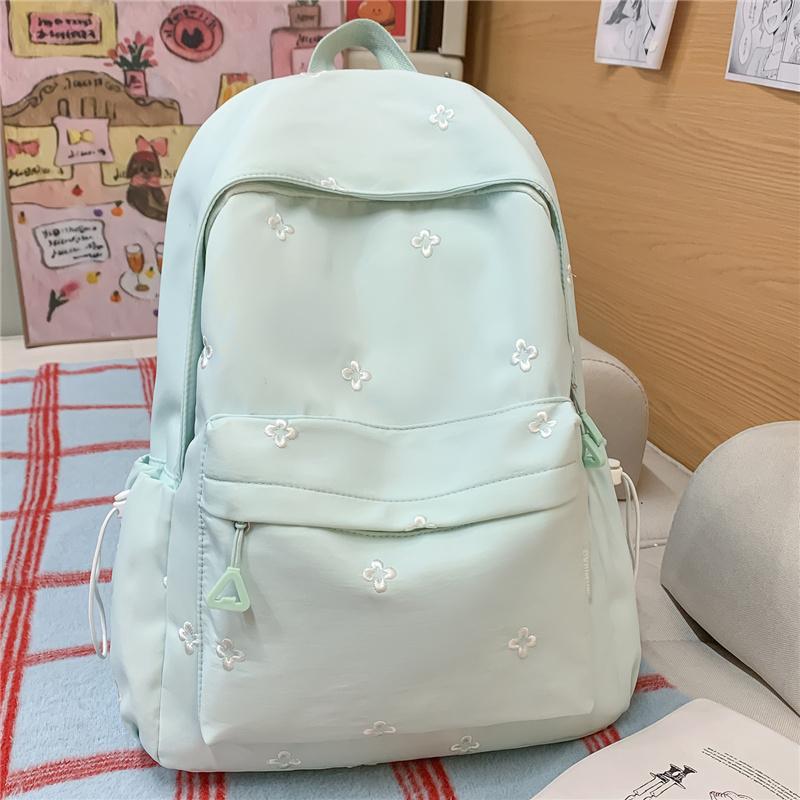 Cute Floral Embroidered Nylon Backpack for Women & Teens – Pastel Green Design with Multiple Pockets, Perfect for School and Daily Use