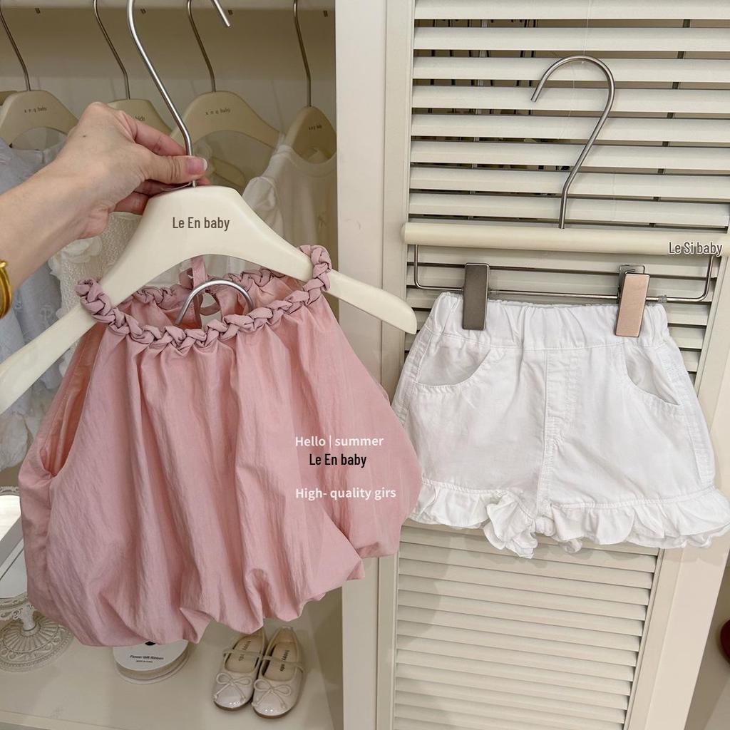 Leenbaby Spring/Summer Pink Halter Tank & White Ruffle Shorts Set for Girls